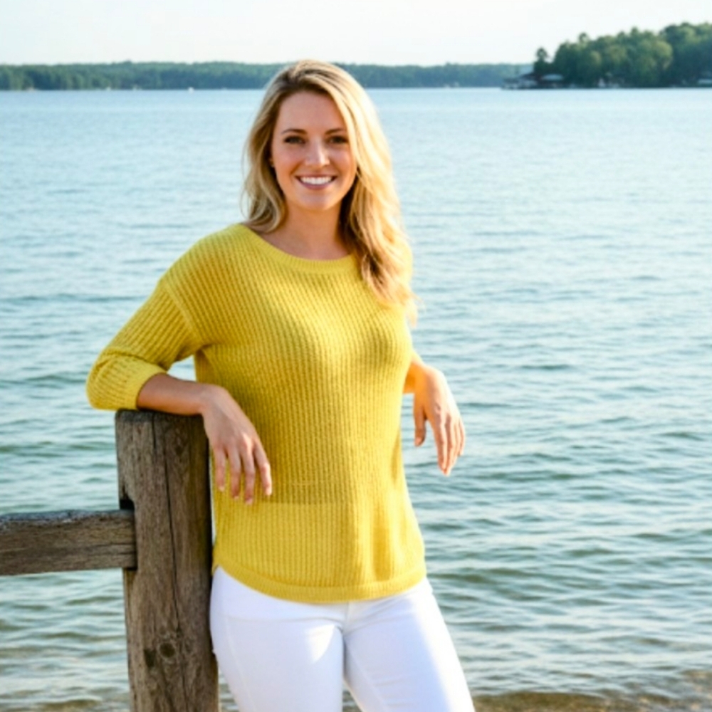 Aerie 100% cotton blend see through mesh knit sweater vibrant yellow medium